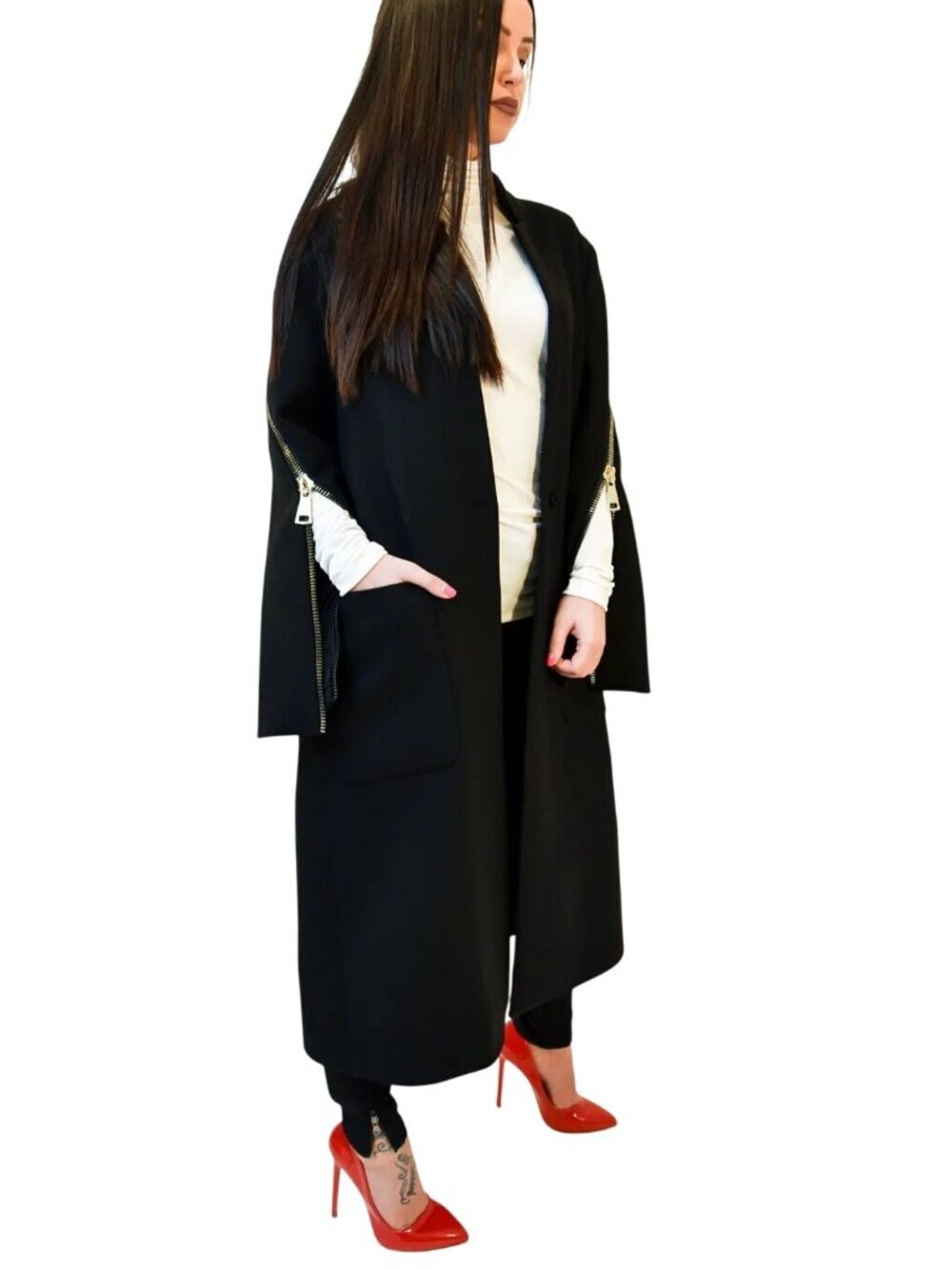 Floatelier Long Wool Straight Coat F1971 Wool Cashmere Black Custom Made Size S